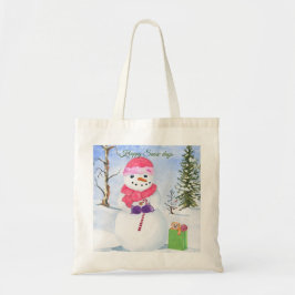 Snögubbe med rosa scarf Lycklig snö dagar Tote Bag Tygkasse