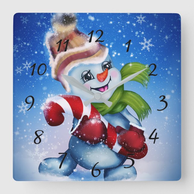 Snögubbe med scarf fyrkantig klocka (Framsida)