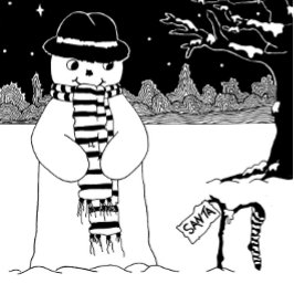 snögubbe med scarf och hat, svartvit konst helgkort