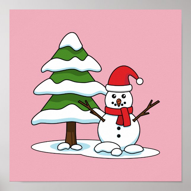 Snögubbe med Snowy Gräs Träd Poster (Framsidan)