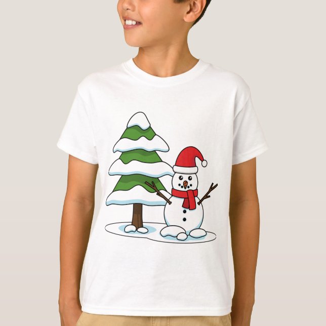 Snögubbe med Snowy Gräs Träd T Shirt (Framsida)