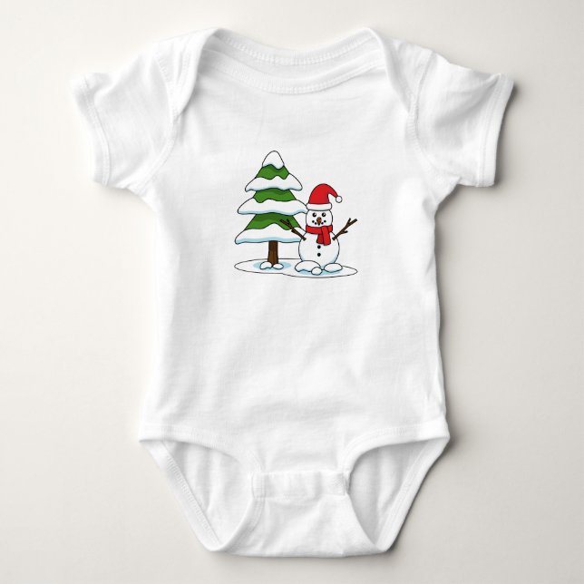 Snögubbe med Snowy Gräs Träd T Shirt (Framsida)