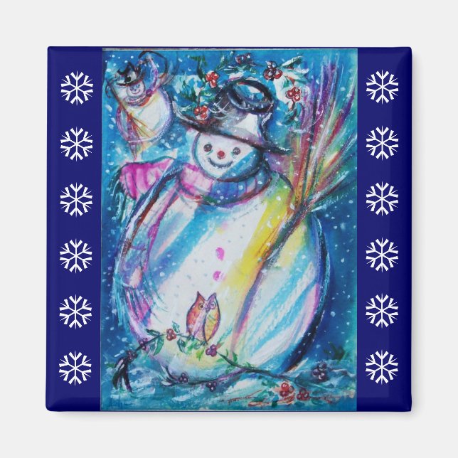 SNÖGUBBE MED UGGLA / Blå vit Snöflingor Magnet (Framsidan)