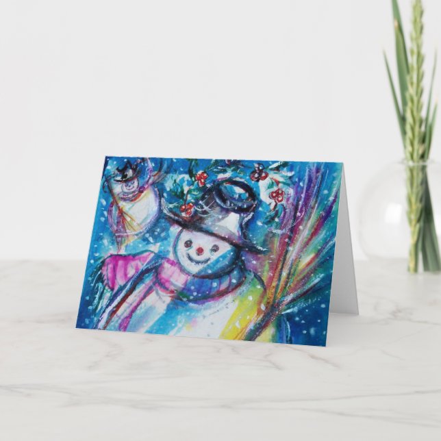 SNÖGUBBE MED UGGLA I VINTER-Julen Helgkort (Framsida)