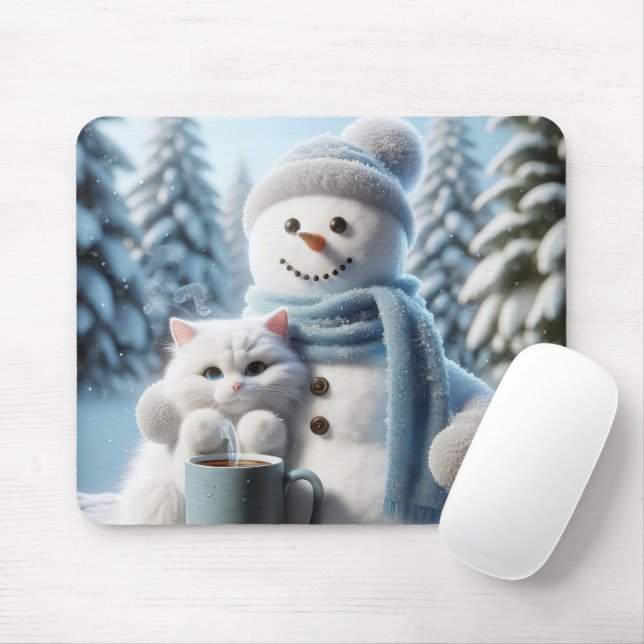 Snögubbe med vit katt musmatta (Med mus)