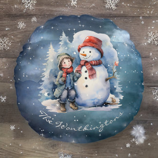 Snögubbe och Boy med Scarves Starry Night Monogram Rund Kudde