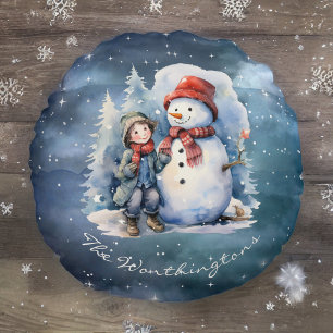 Snögubbe och Boy med Scarves Starry Night Monogram Rund Kudde