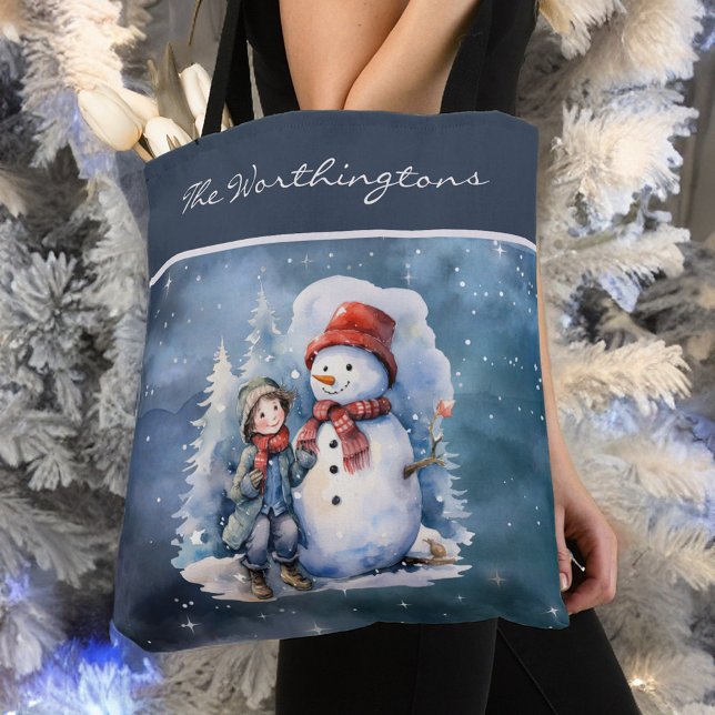 Snögubbe och Boy med Scarves Starry Night Monogram Tygkasse (Skapare uppladdad)