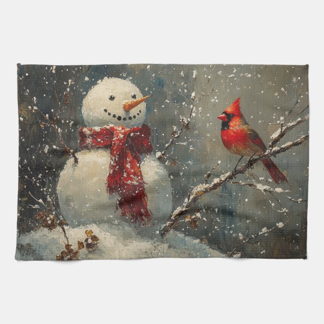 Snögubbe och en kardinal Oljemålning Kökshandduk (Horisontell)