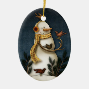 snögubbe- och fågelprydnad julgransprydnad keramik