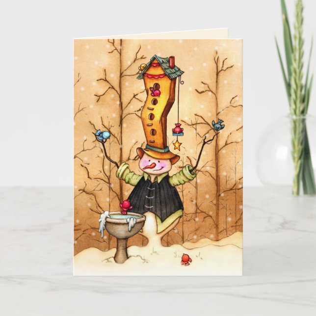 Snögubbe- och fågelvänner - personifiera det helgkort (Framsida)