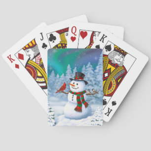 Snögubbe och fågelvinter i lycklig, jul och casinokort