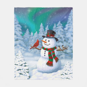 Snögubbe och fågelvinter i lycklig, jul och fleecefilt