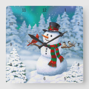 Snögubbe och fågelvinter i lycklig, jul och fyrkantig klocka
