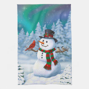 Snögubbe och fågelvinter i lycklig, jul och kökshandduk
