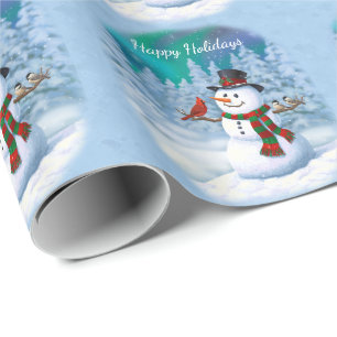 Snögubbe och fågelvinter i lycklig, jul och presentpapper