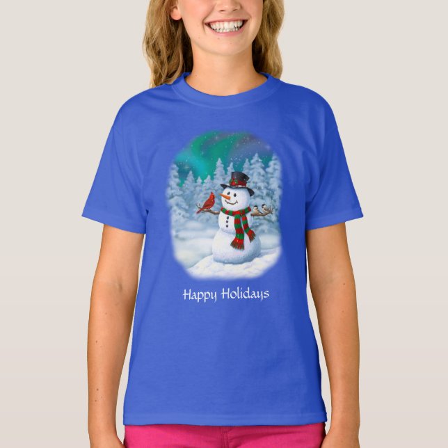 Snögubbe och fågelvinter i lycklig, jul och t shirt (Framsida)