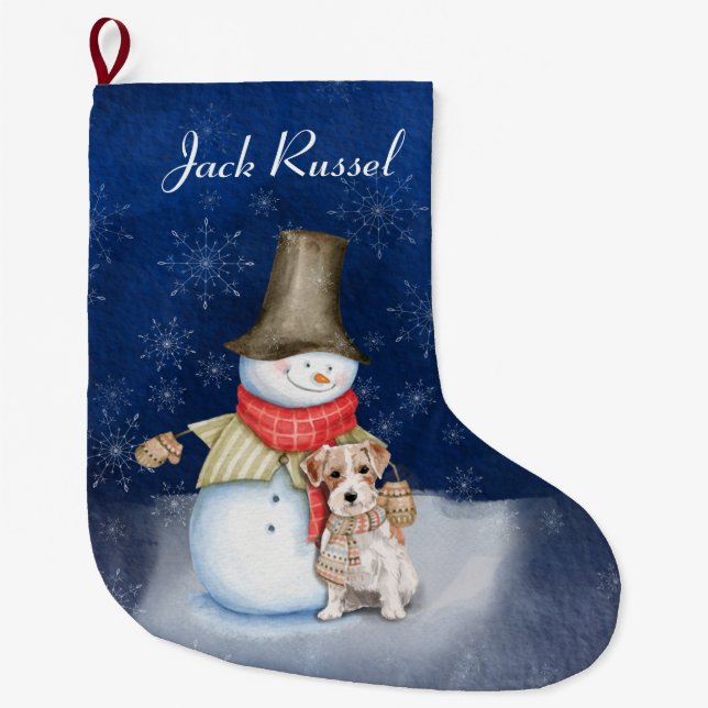 Snögubbe och hund- Jack Russell Terrier  Stor Julstrumpa (Framsidan)