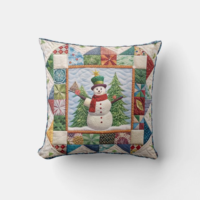 Snögubbe och Julgran Quilt Print Kudde (Framsida)