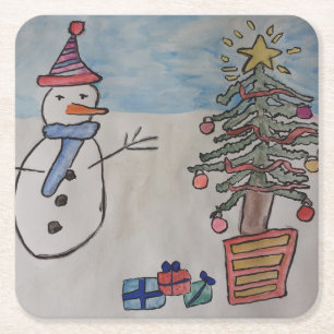 Snögubbe och Julgran Underlägg Papper Kvadrat