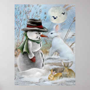 snögubbe och kanin som äter morot poster
