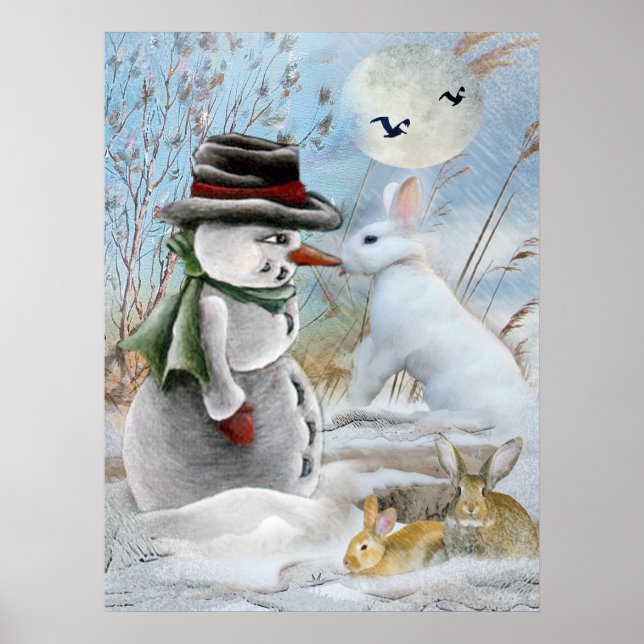 snögubbe och kanin som äter morot poster (Framsidan)