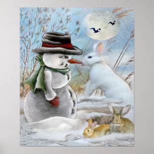 Snögubbe och kanin som äter morot poster