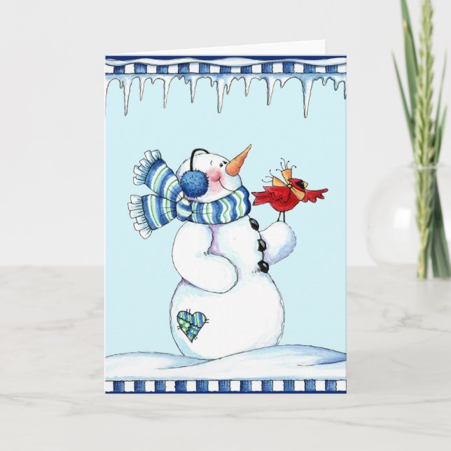 Snögubbe och kardinal helgkort (Framsida)