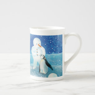 Snögubbe och Penguin Illustration Benporslin Mugg