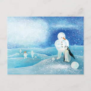 Snögubbe och Penguin Illustration Vykort