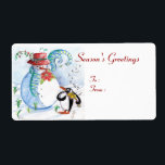 SNÖGUBBE OCH PENGUINS WINTER SERENADE FRAKTSEDEL<br><div class="desc">Vitaktig,  färglös pastellmålning i blått vitt färg, snögubbe och penguin som spelar fiolin på vintern snö med röda blommor, blomning.av Bulgan Lumini (c)</div>