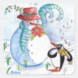 SNÖGUBBE OCH PENGUINS WINTER SERENADE FYRKANTIGT KLISTERMÄRKE