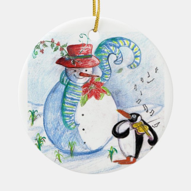 SNÖGUBBE OCH PENGUINS WINTER SERENADE JULGRANSPRYDNAD KERAMIK (Framsidan)