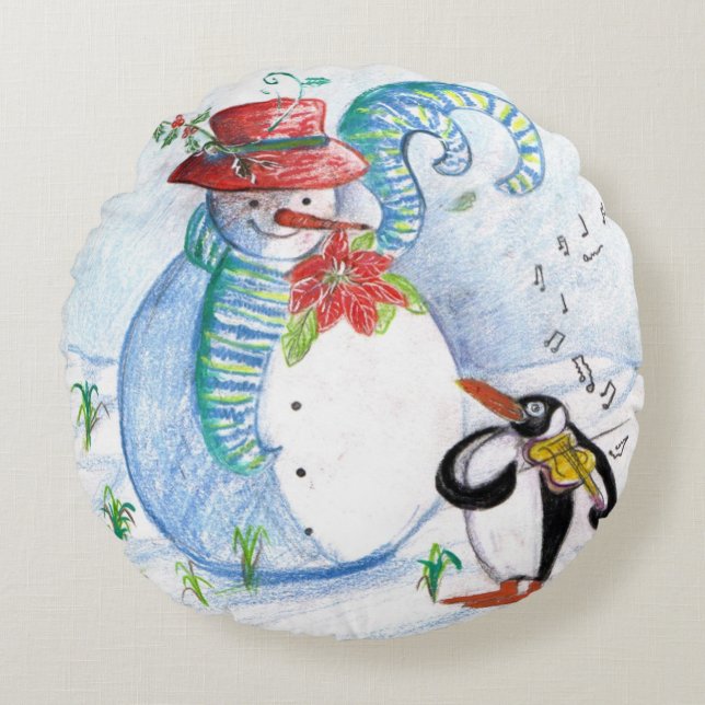 SNÖGUBBE OCH PENGUINS WINTER SERENADE RUND KUDDE (Framsidan)