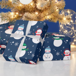 Snögubbe och Snöflingor Blue Mönster Presentpapper