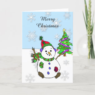 Snögubbe och Snöflingor Julgran Kort
