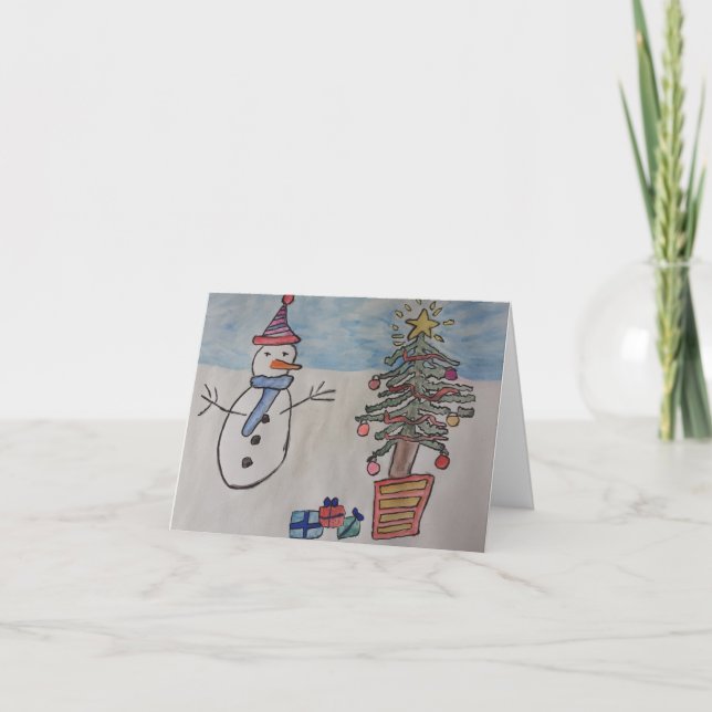 Snögubbe och Träd julkort Tack Kort (Framsida)