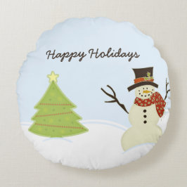 Snögubbe och Träd Rund Kudde