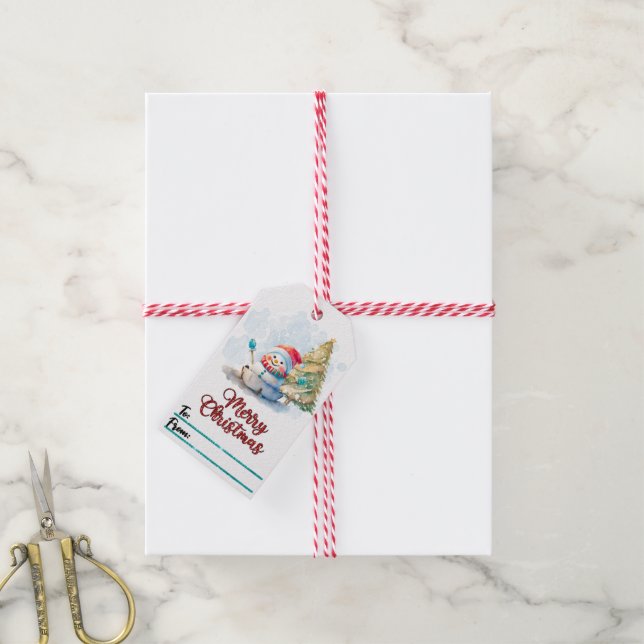 Snögubbe och träd under märkrna jul presentetikett (Med Snöre)