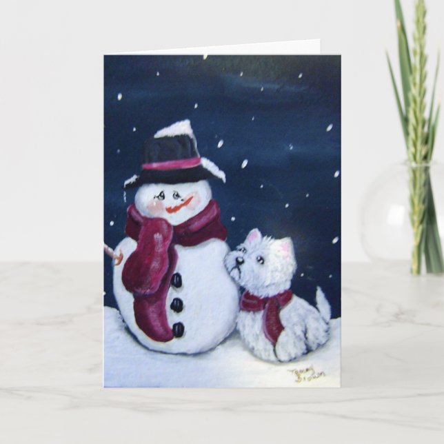 Snögubbe och Westie Greeting Card Helgkort (Framsida)