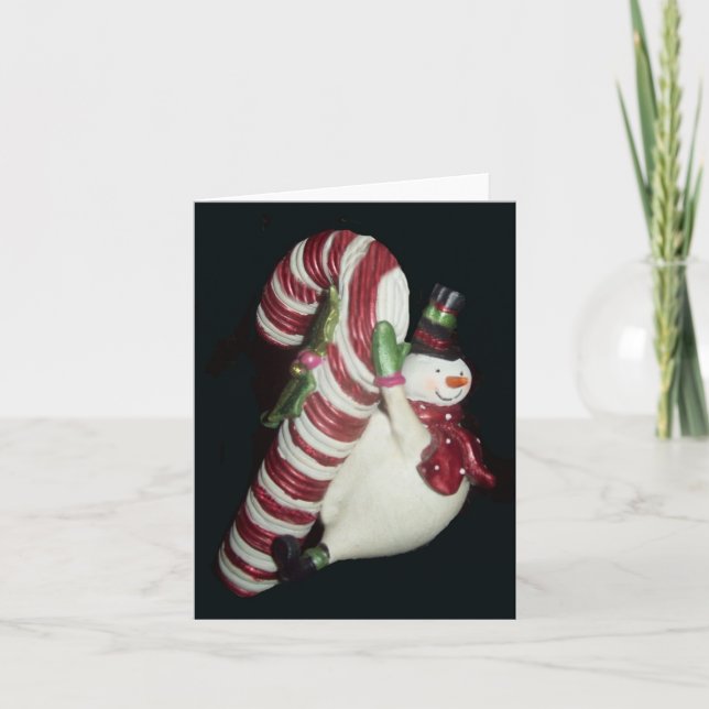 Snögubbe på ett fotopappkort för Candy cane Anteckningskort (Framsida)
