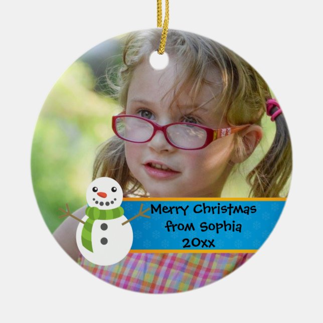 Snögubbe på foto av blå och röd God jul Julgransprydnad Keramik (Framsidan)