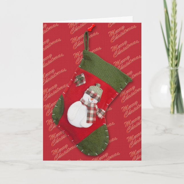 Snögubbe på julklapp över rött helgkort (Framsida)
