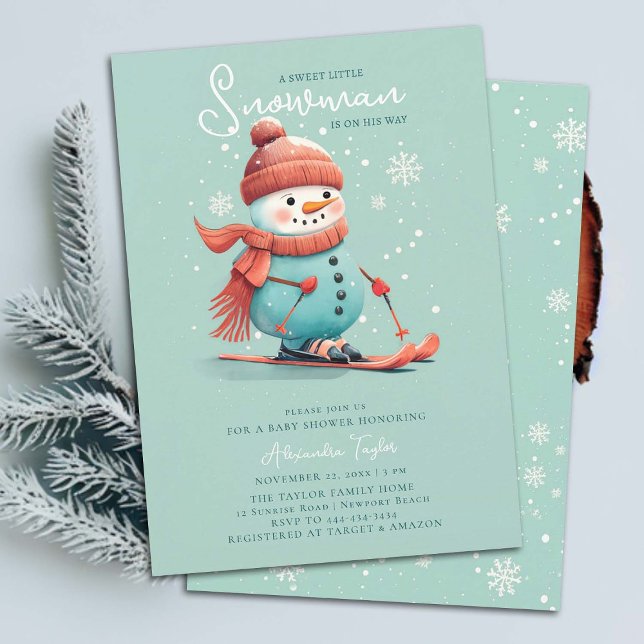 Snögubbe på Skis Winter Sports Teal Boy Shower Inbjudningar (snowman boy baby shower invitation winter sports skiing watercolor cute adorable teal blue orange )