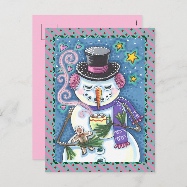 SNÖGUBBE, PEPPARKAKSGUBBE & MUGG AV HETT CHOCOLATE HELG VYKORT (Fram/baksida)