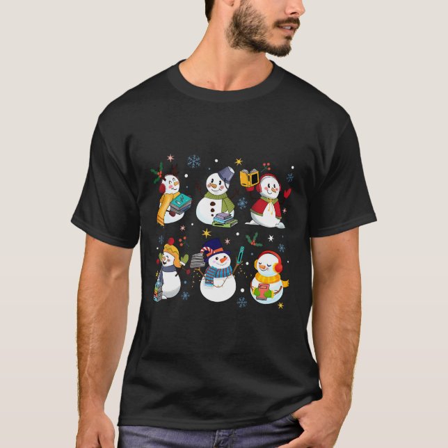 Snögubbe Reading Bokar Lacher Julbiblioteket T Shirt (Framsida)