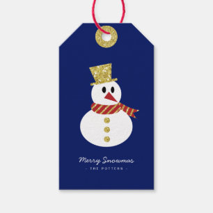 Snögubbe   Roligt Julblått och Guld Presentetikett