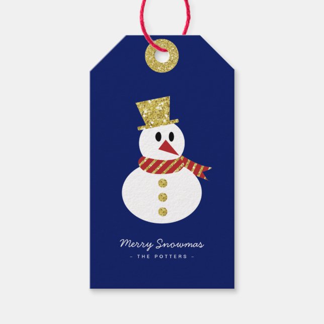 Snögubbe | Roligt Julblått och Guld Presentetikett (Framsidan)