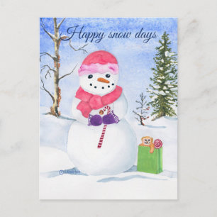 Snögubbe rosa scarf candy-käpp Lycklig snö Vykort