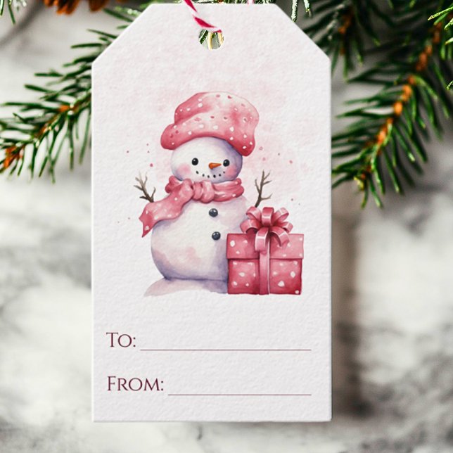 Snögubbe Rosa Vattenfärg till och från jul Presentetikett (A cute Christmas gift tag with a watercolor pink Snowman and a to and from area to write in names.)